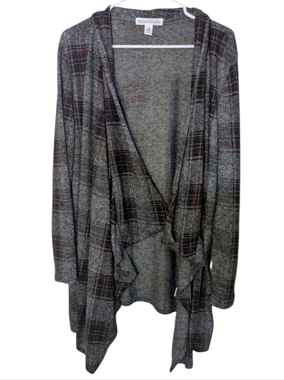 New York Laundry Black and Gray Plaid Draped Open-Front Cardigan, Super Soft!